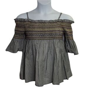 EM striped off shoulder smocked bell sleeve babydoll top M‎